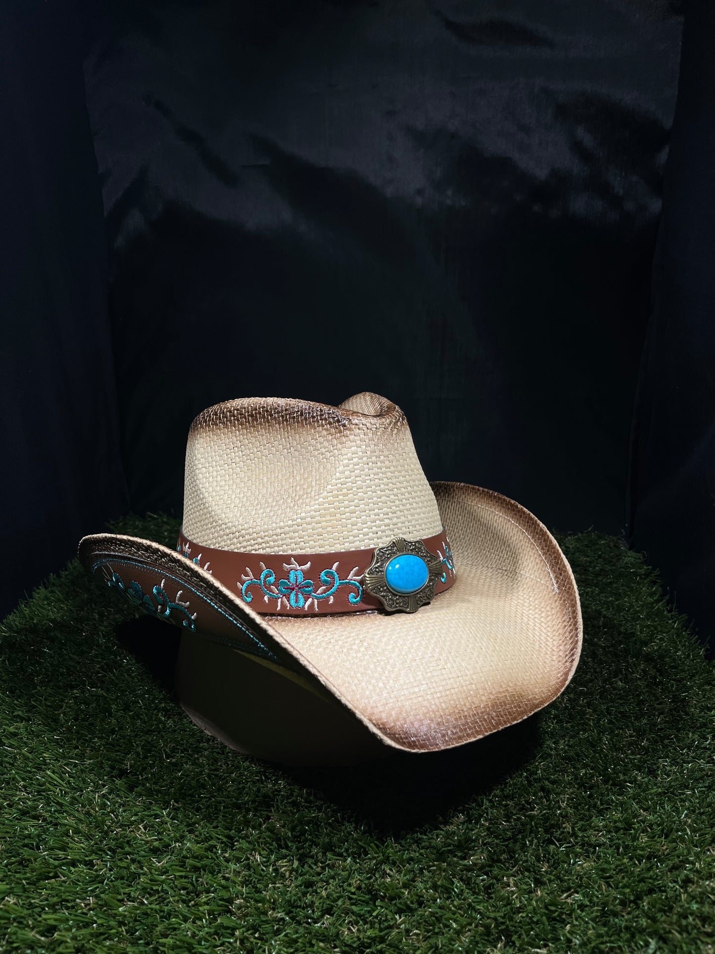 Light Brown Drifter with Blue medallion Stone Brown Belt Band Cowboy Hat