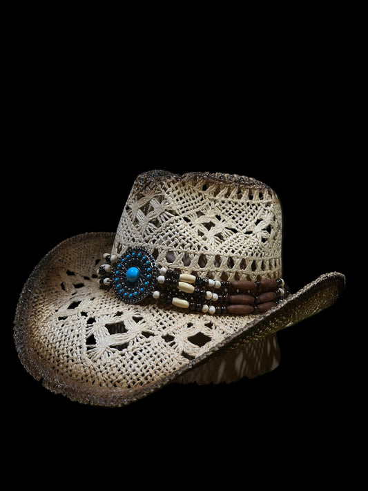 Light Brown Medallion Straw Cowboy Cowgirl Hat Turquoise Buckle & Beaded Band | Breathable Western Style