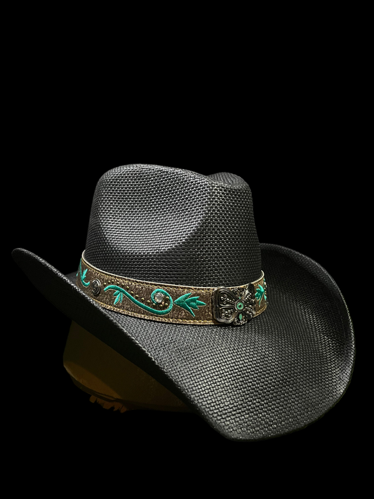 Black Bangora Cowboy/Cowgirl Hat with Turquoise Butterfly Floral Design Embroidered Band – Correa Hats