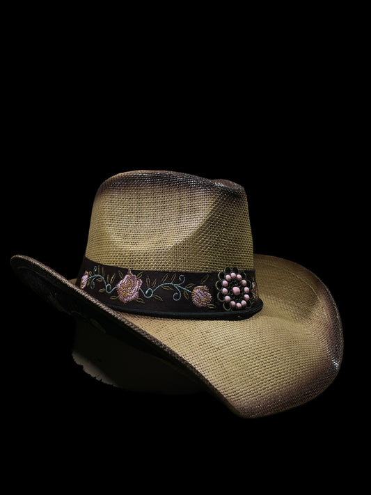 Dark Rose Western Cowgirl Hat Pink Flower Straw Western Women’s CowboyVintage Wide Brimmed dark brown Hat