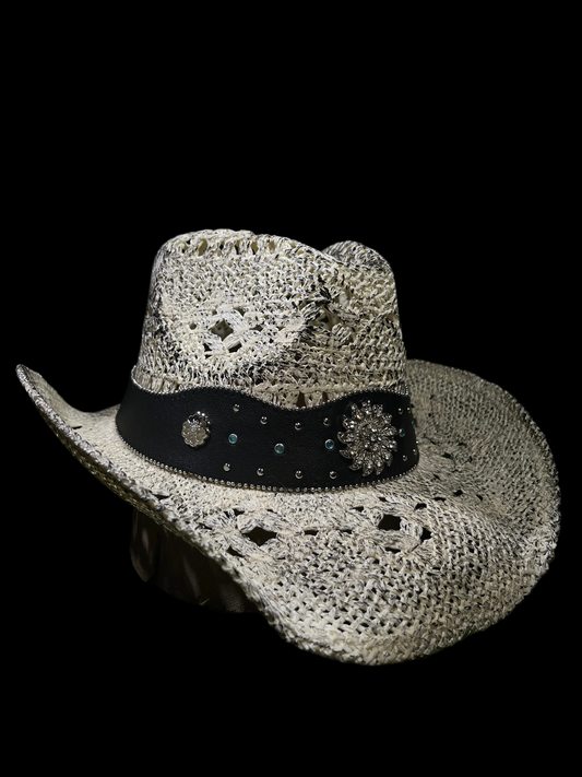 White Distressed Straw Cowboy/Cowgirl Hat with Crystal Concho Band – Western Ventilated Style | Correa Hats