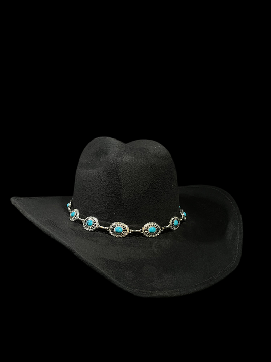 Black Suede Cowgirl with turquoise blue stones silver band