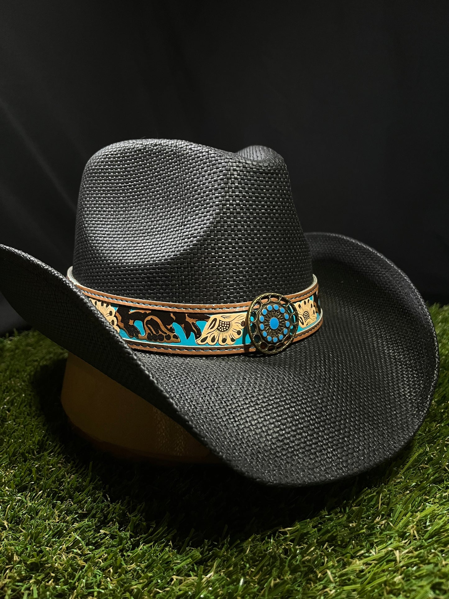 Black Bangora Cowboy/Cowgirl Hat with Turquoise Floral Band – Correa Hats