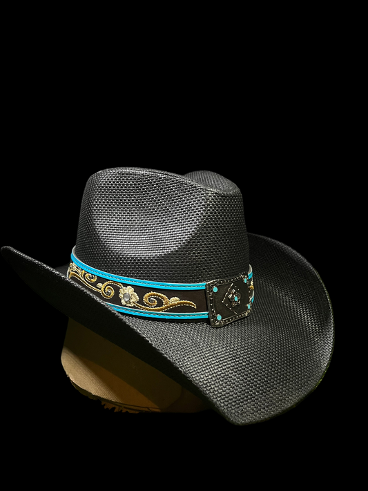 Black Turquoise Regal Buckle Western Cowboy Hat – Embroidered Band Correa Hats