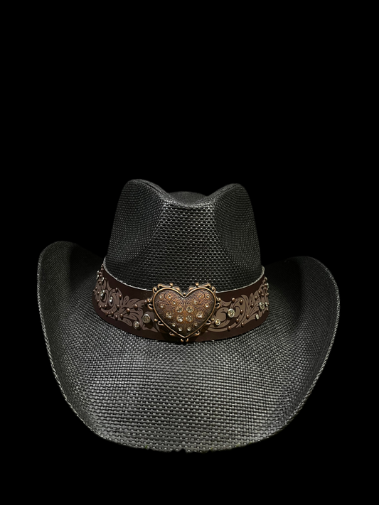 Straw Western Cowboy Hat With Brown Heart Band- Black