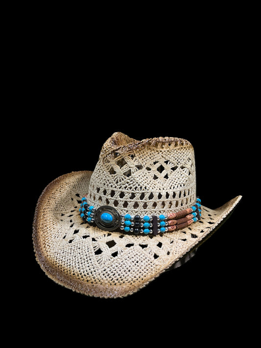 Light Brown Straw Cowboy Cowgirl Hat - Breathable Design with Turquoise Buckle and Beaded Band