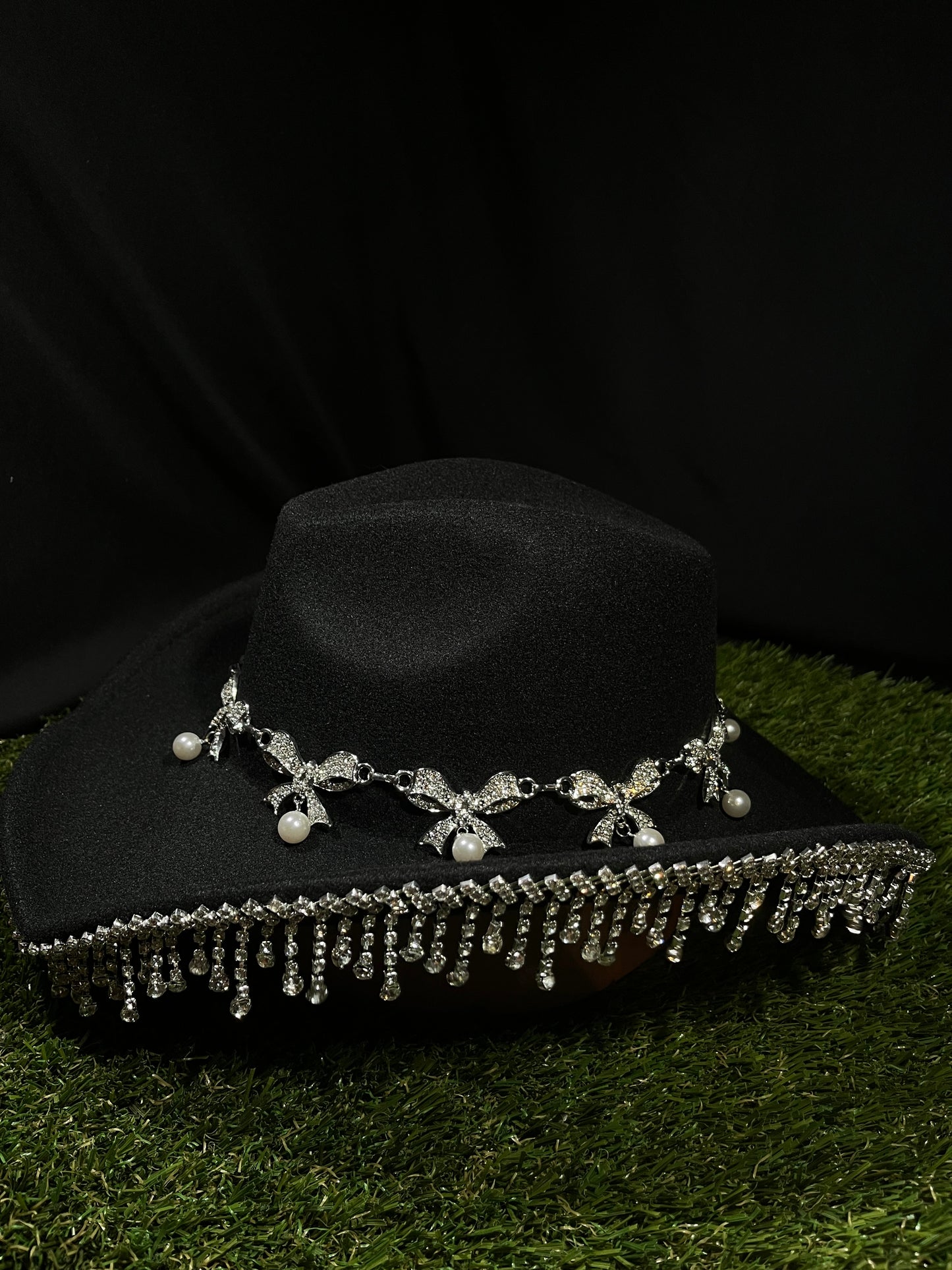 Black Silver Ribbon Western Bedazzled Hat