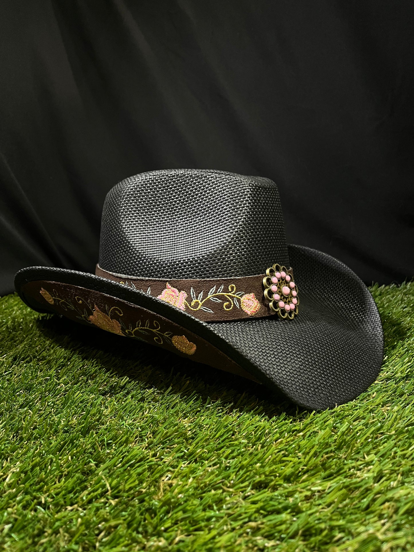 🖤 Black Bangora Western Premium bendable brim Cowboy/Cowgirl Hat with Pink Floral Band – Correa Hats
