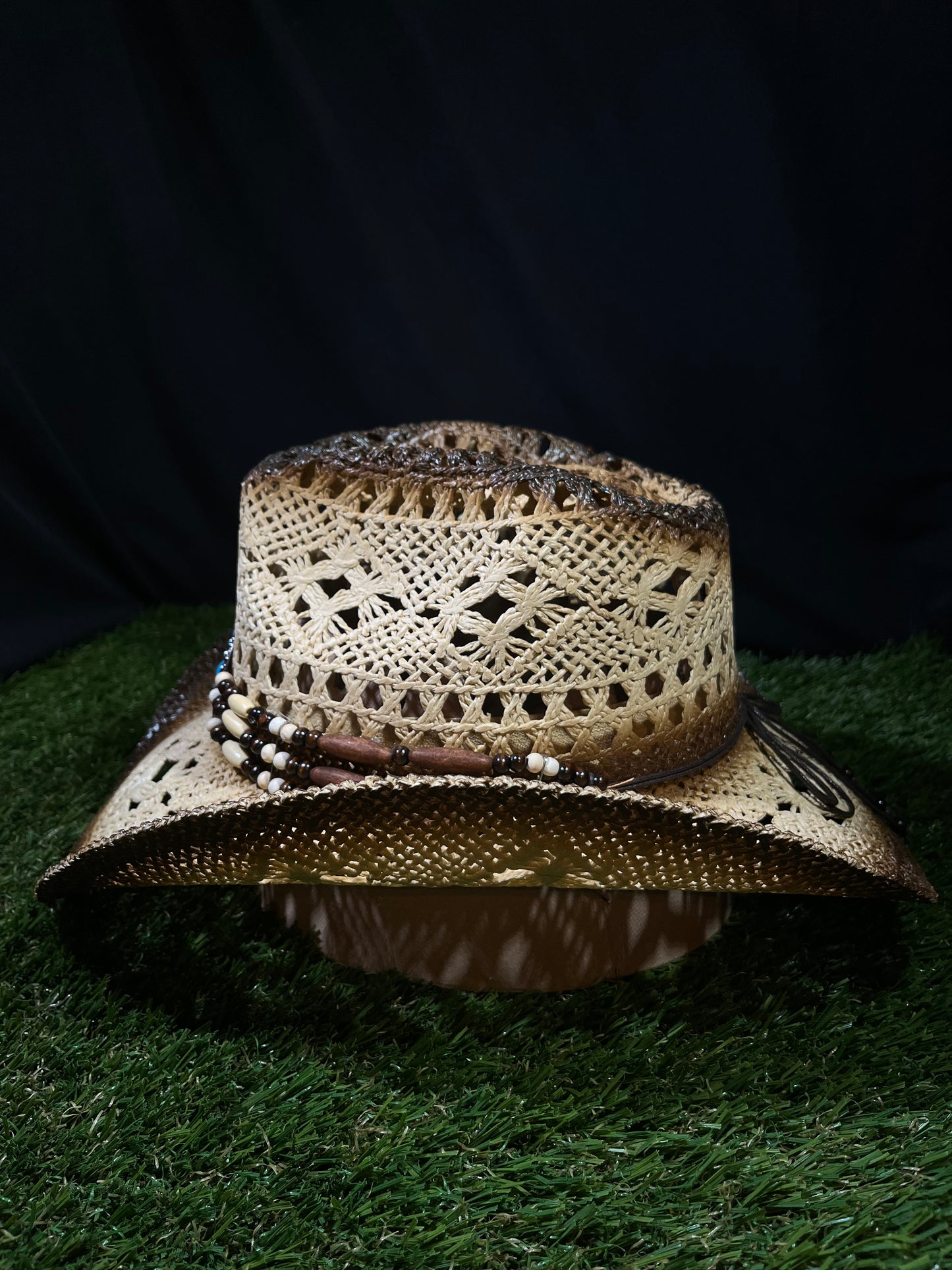 Light Brown Medallion Straw Cowboy Cowgirl Hat Turquoise Buckle & Beaded Band | Breathable Western Style