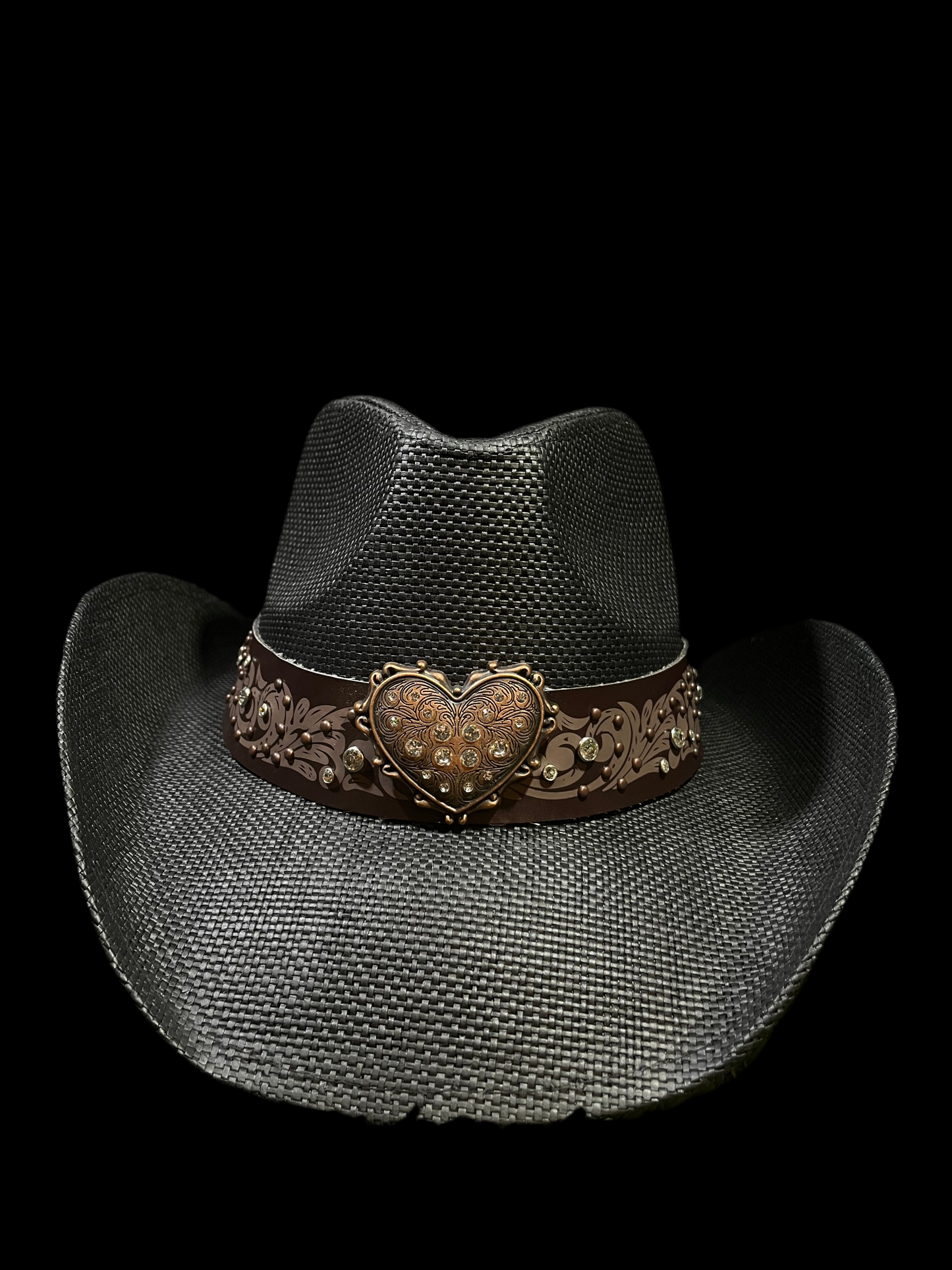 Straw Western Cowboy Hat With Brown Heart Band- Black