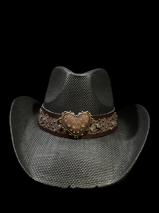 Straw Western Cowboy Hat With Brown Heart Band- Black
