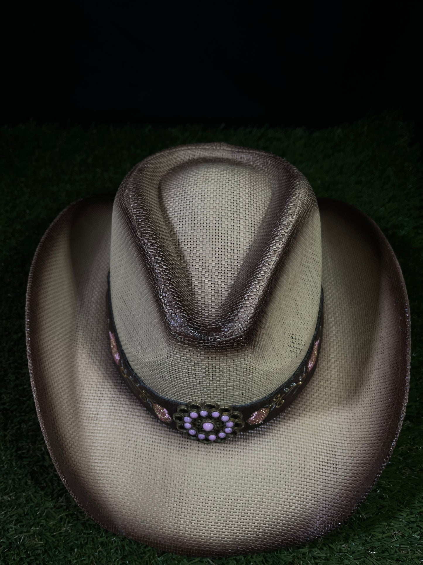 Pink Flower Straw Western Women’s Cowboy, Vintage Wide-Brimmed light brown Hat