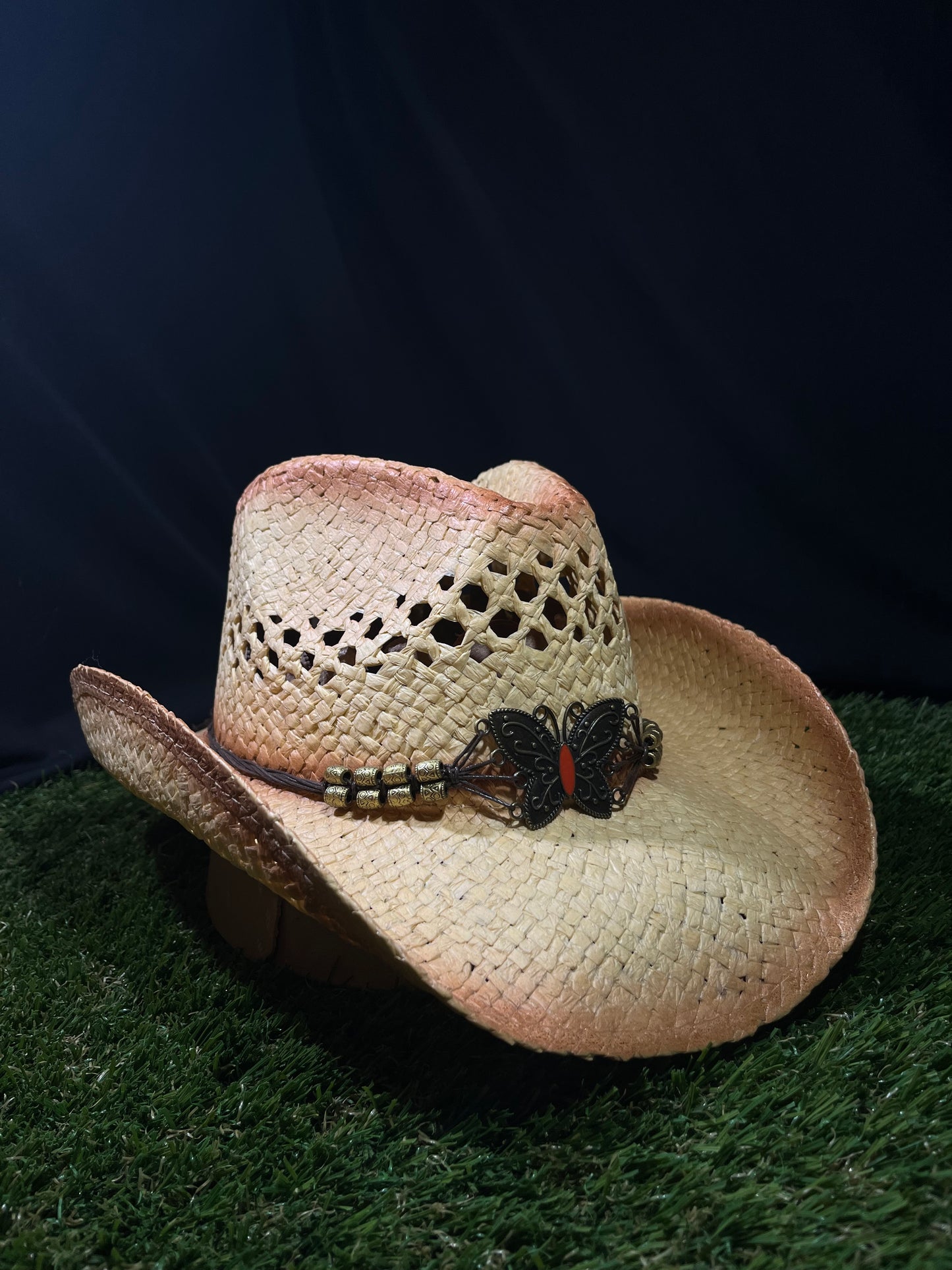 Natural Ventilated Straw Cowboy/Cowgirl Hat with Chrome Butterfly Band – Bendable Brim | Correa Hats