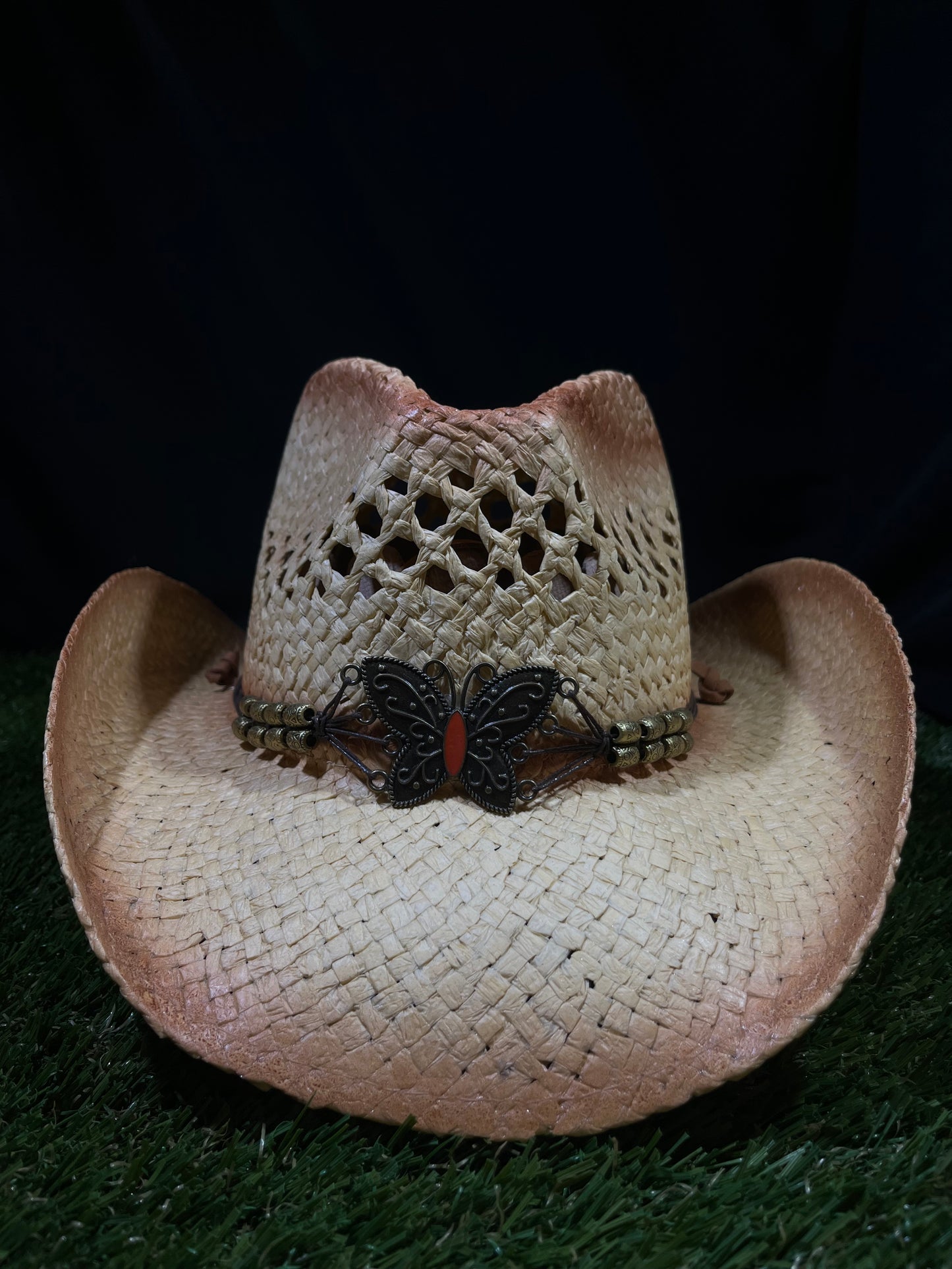 Natural Ventilated Straw Cowboy/Cowgirl Hat with Chrome Butterfly Band – Bendable Brim | Correa Hats