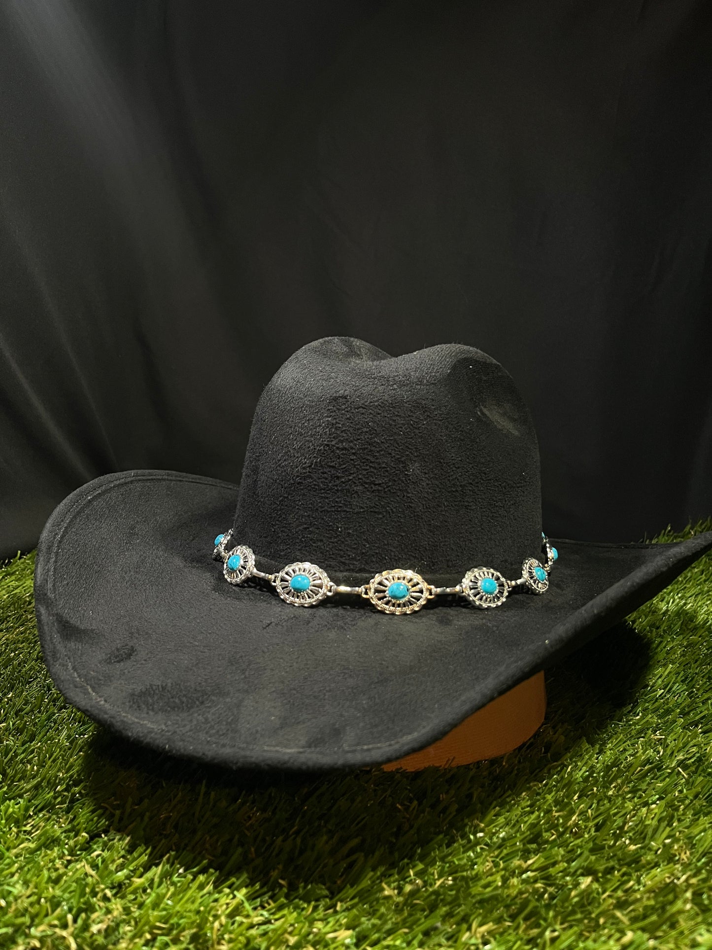 Black Suede Cowgirl with turquoise blue stones silver band