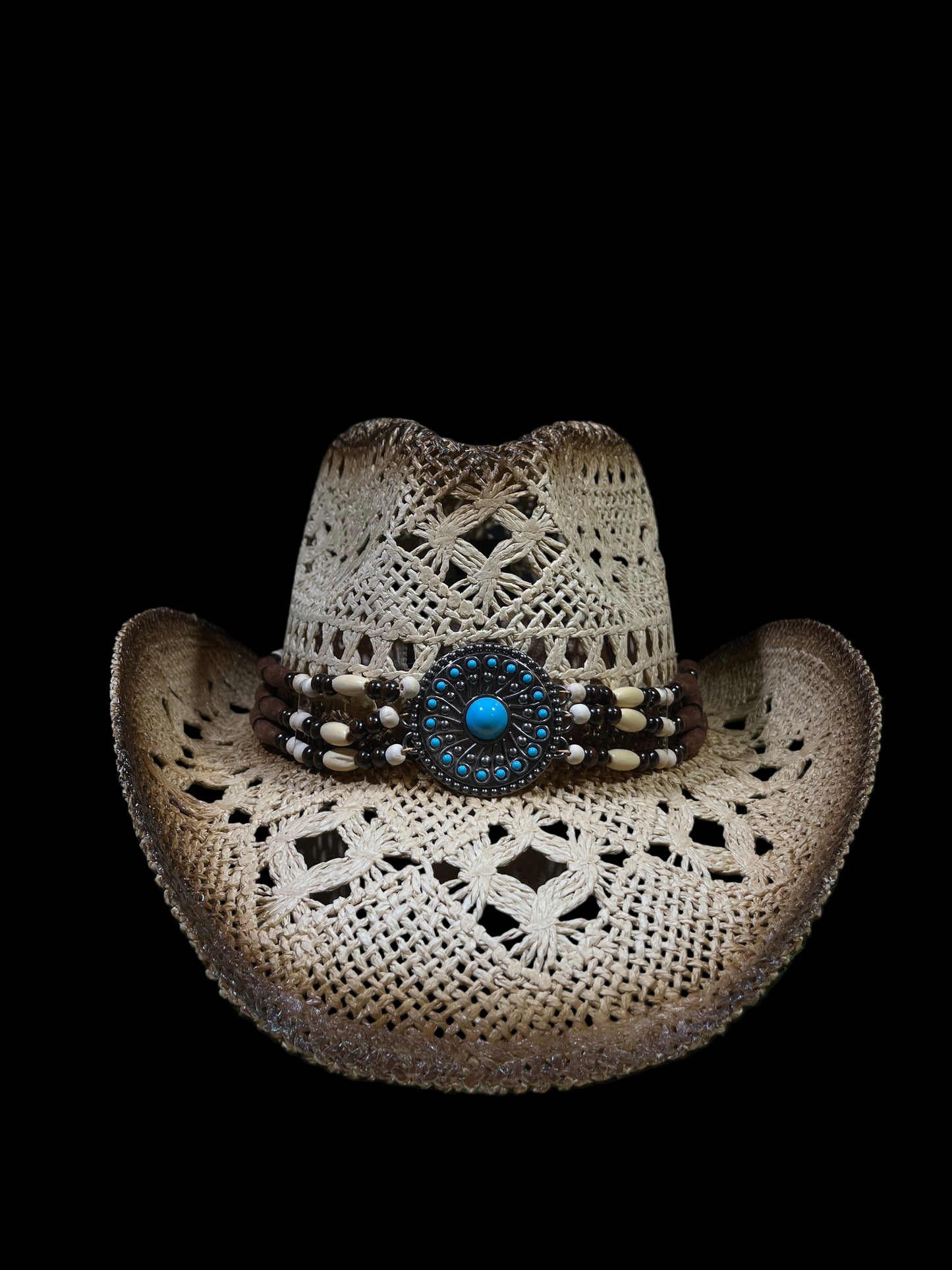 Light Brown Medallion Straw Cowboy Cowgirl Hat Turquoise Buckle & Beaded Band | Breathable Western Style
