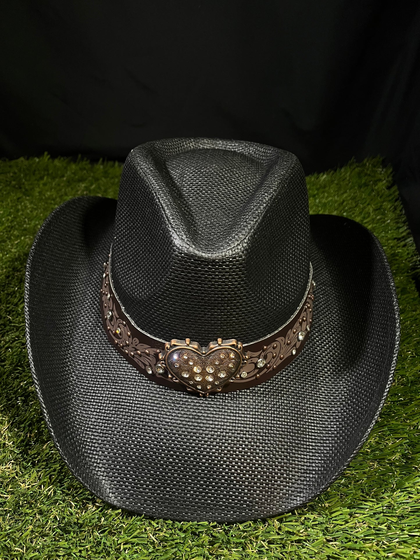Straw Western Cowboy Hat With Brown Heart Band- Black