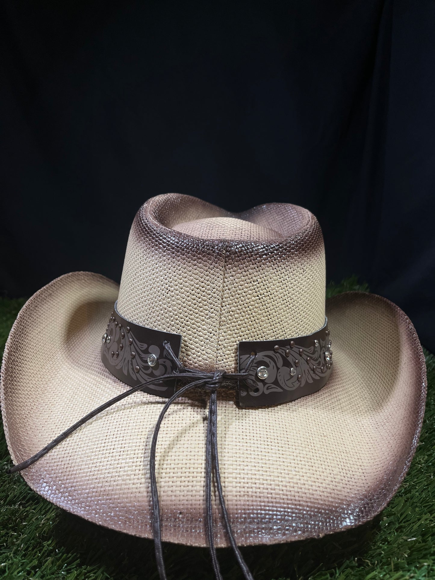 Straw Western Cowboy Hat With Brown Heart Band- Light Brown
