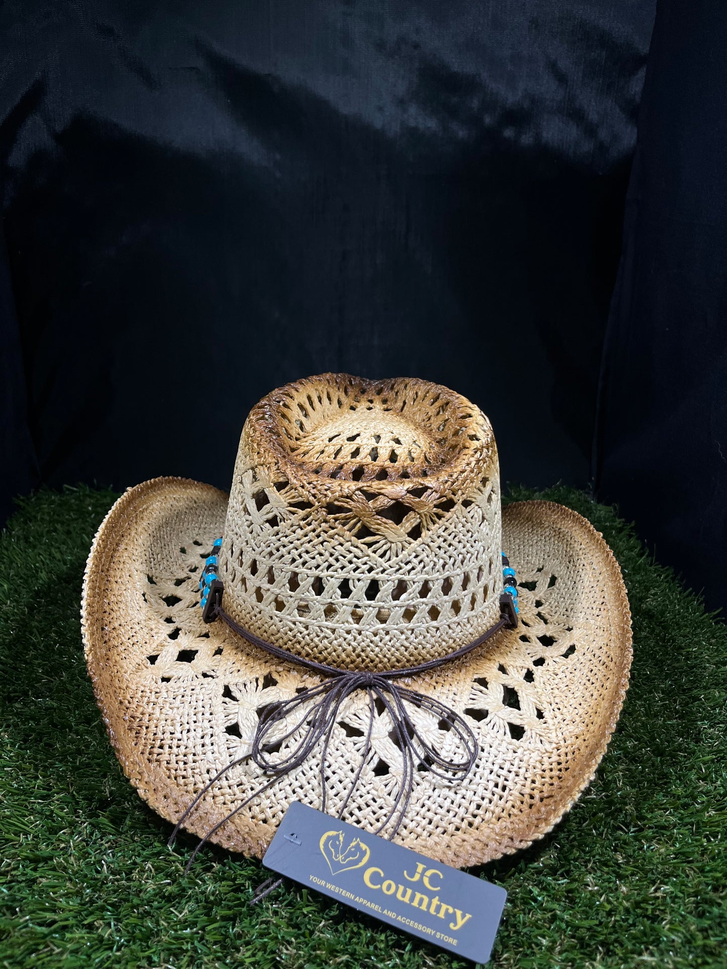 Light Brown Straw Cowboy Cowgirl Hat - Breathable Design with Turquoise Buckle and Beaded Band