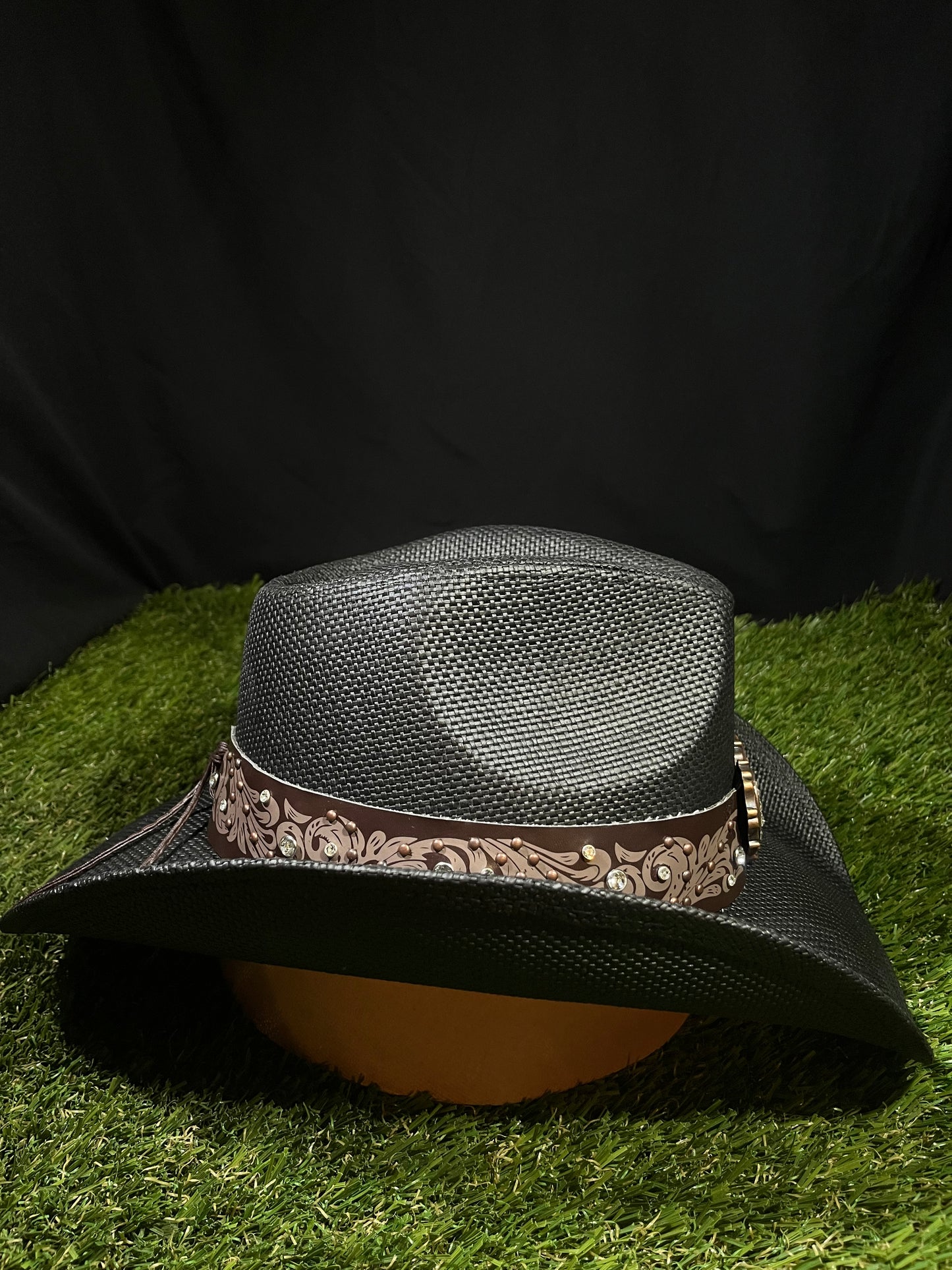 Straw Western Cowboy Hat With Brown Heart Band- Black