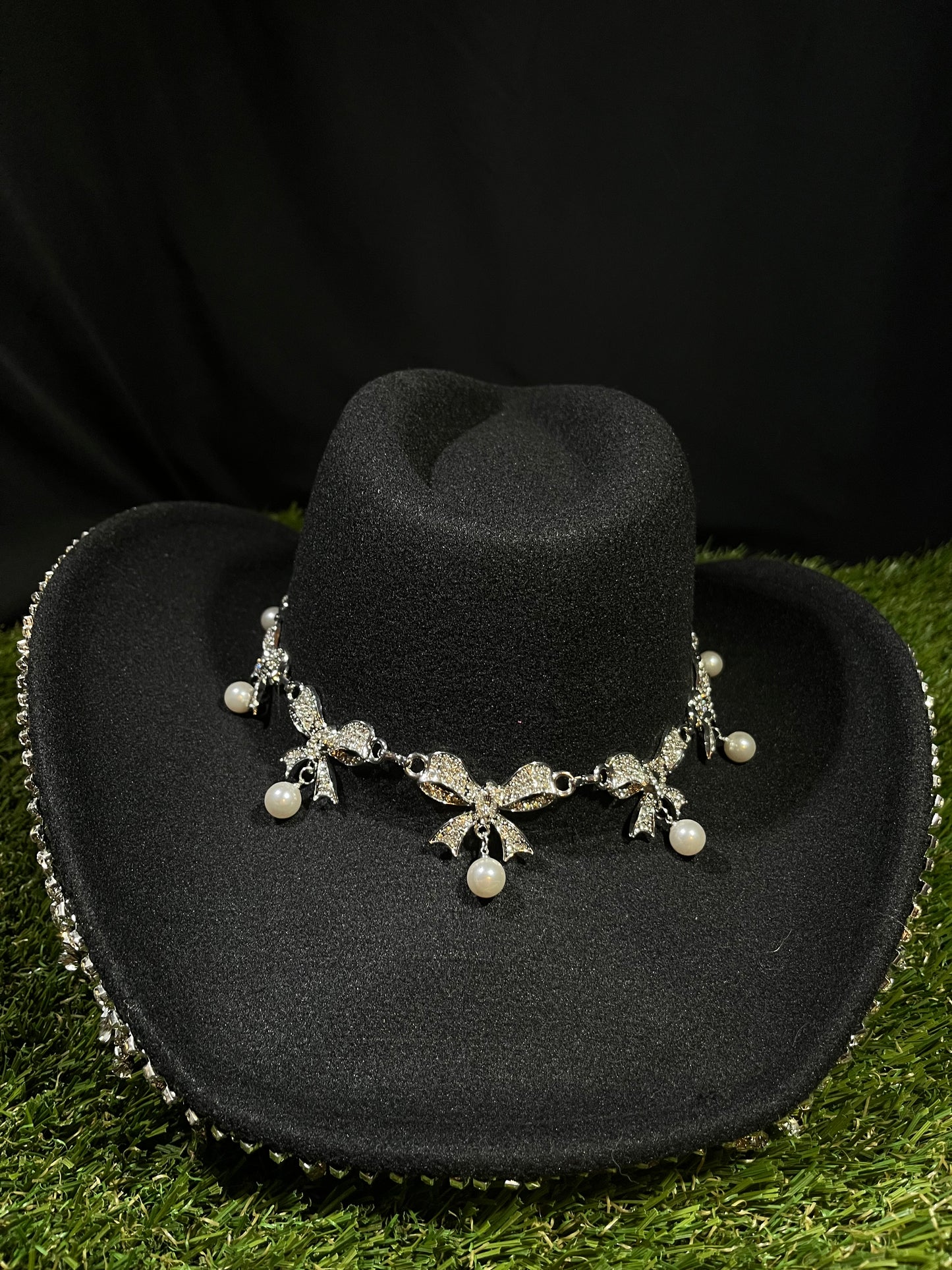 Black Silver Ribbon Western Bedazzled Hat