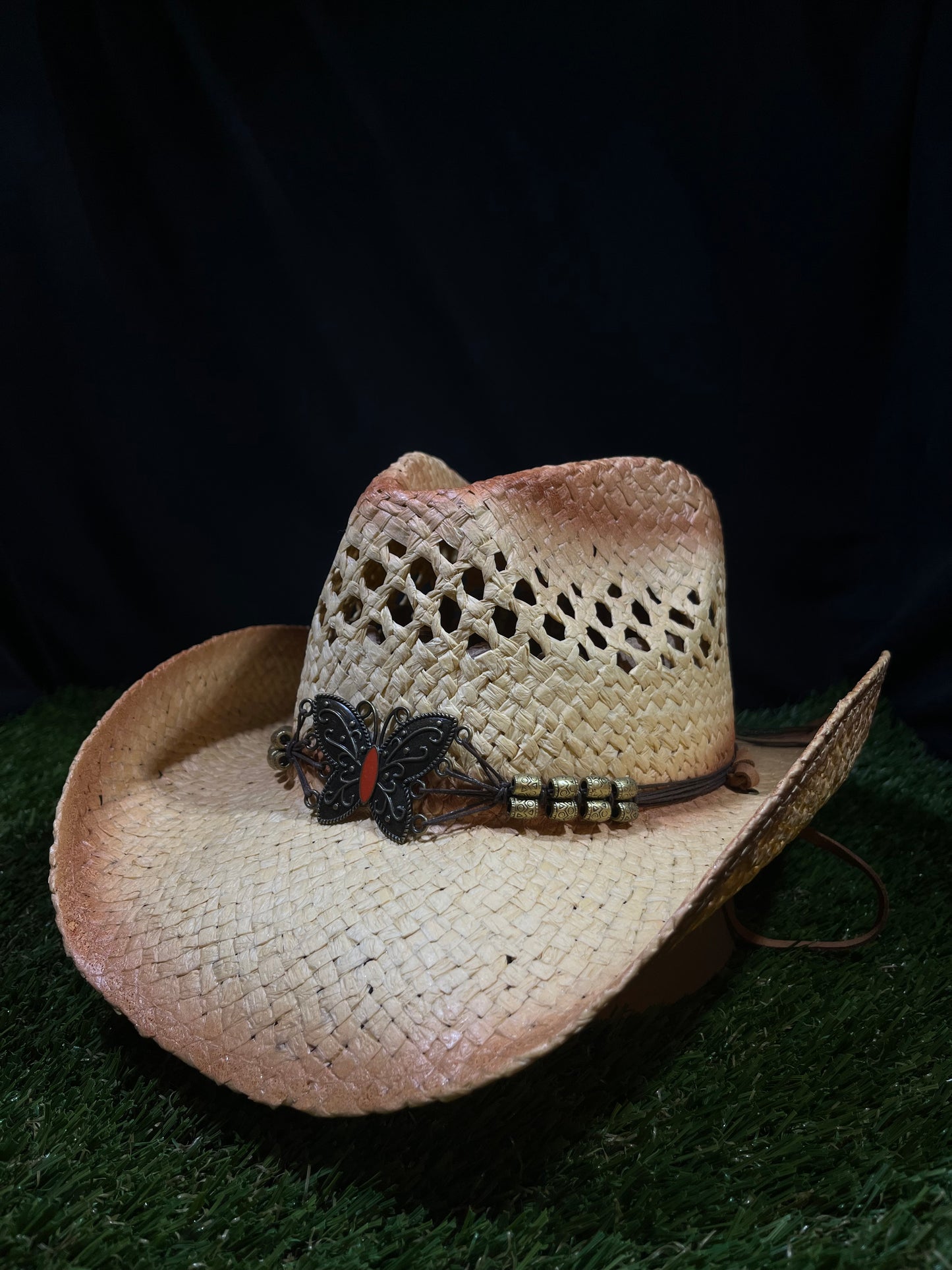 Natural Ventilated Straw Cowboy/Cowgirl Hat with Chrome Butterfly Band – Bendable Brim | Correa Hats