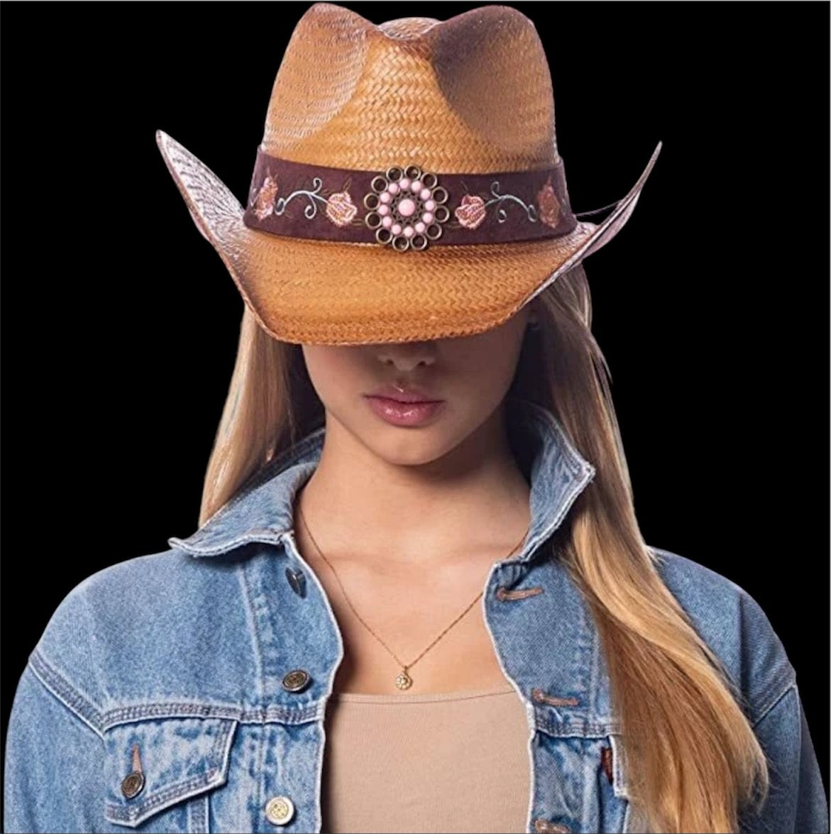 Dark Rose Western Cowgirl Hat Pink Flower Straw Western Women’s CowboyVintage Wide Brimmed dark brown Hat