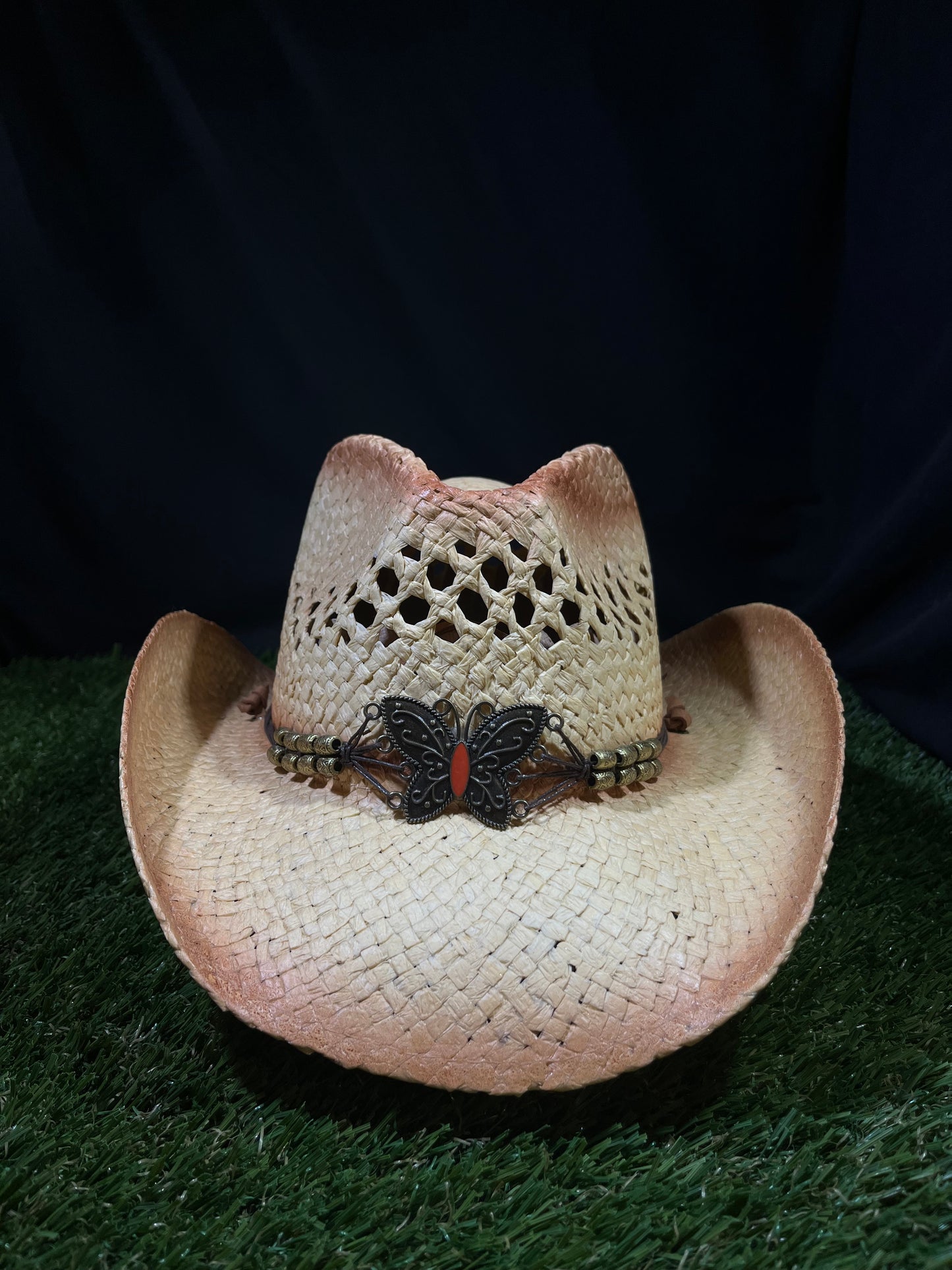 Natural Ventilated Straw Cowboy/Cowgirl Hat with Chrome Butterfly Band – Bendable Brim | Correa Hats