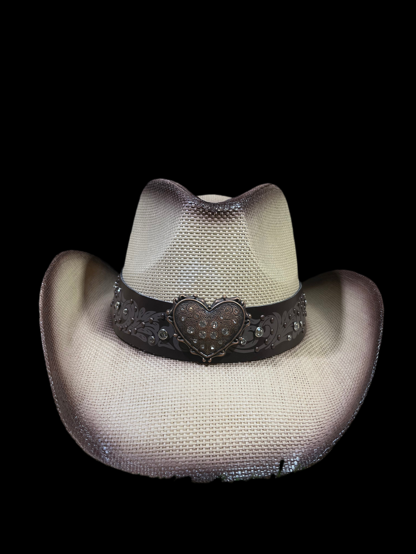 Straw Western Cowboy Hat With Brown Heart Band- Light Brown