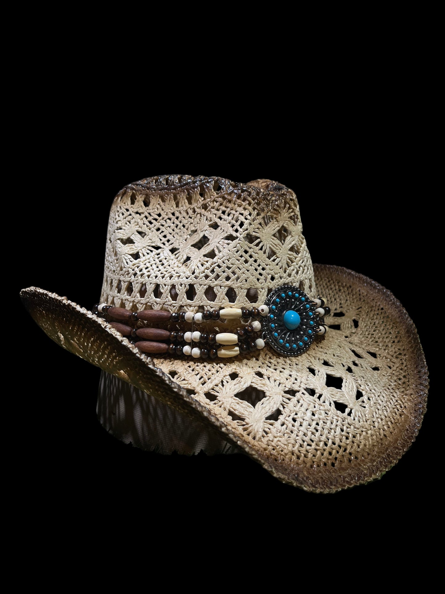 Light Brown Medallion Straw Cowboy Cowgirl Hat Turquoise Buckle & Beaded Band | Breathable Western Style