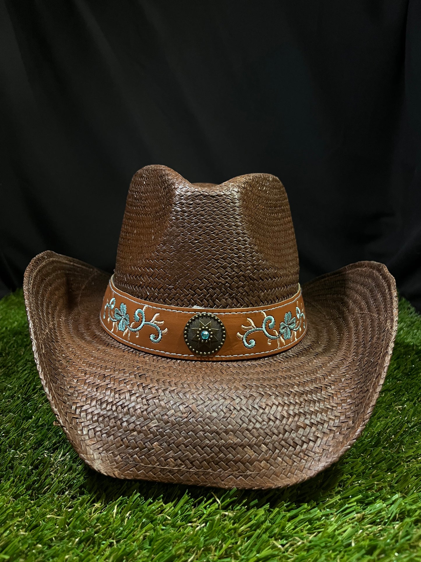 Premium Brown Straw Cowboy/Cowgirl Hat with Tan Tooled Band & Turquoise Concho | Correa Hats