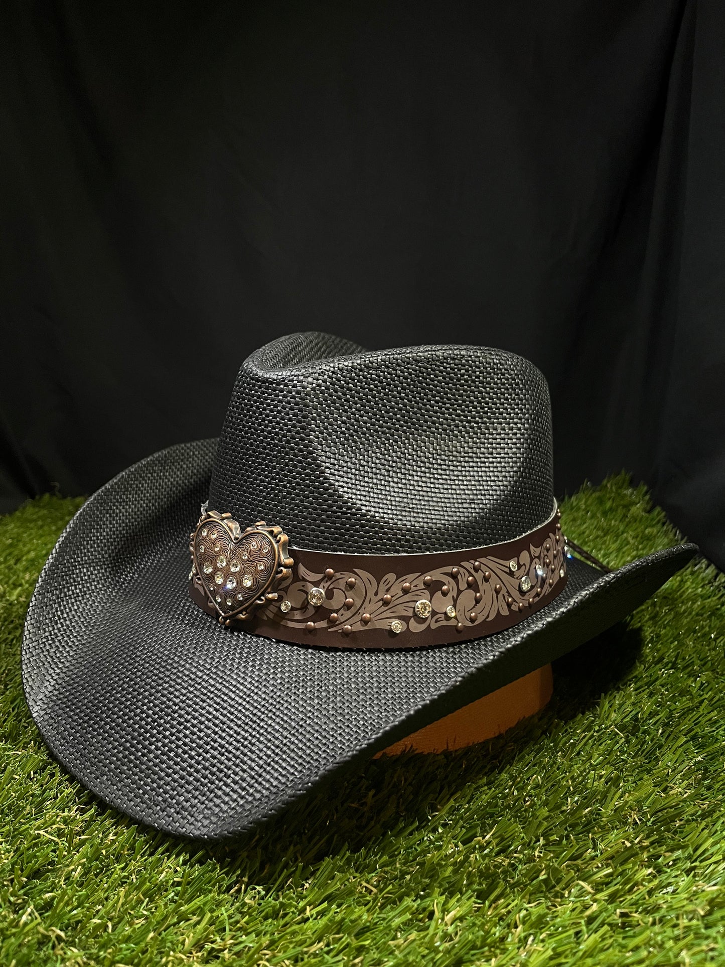 Straw Western Cowboy Hat With Brown Heart Band- Black