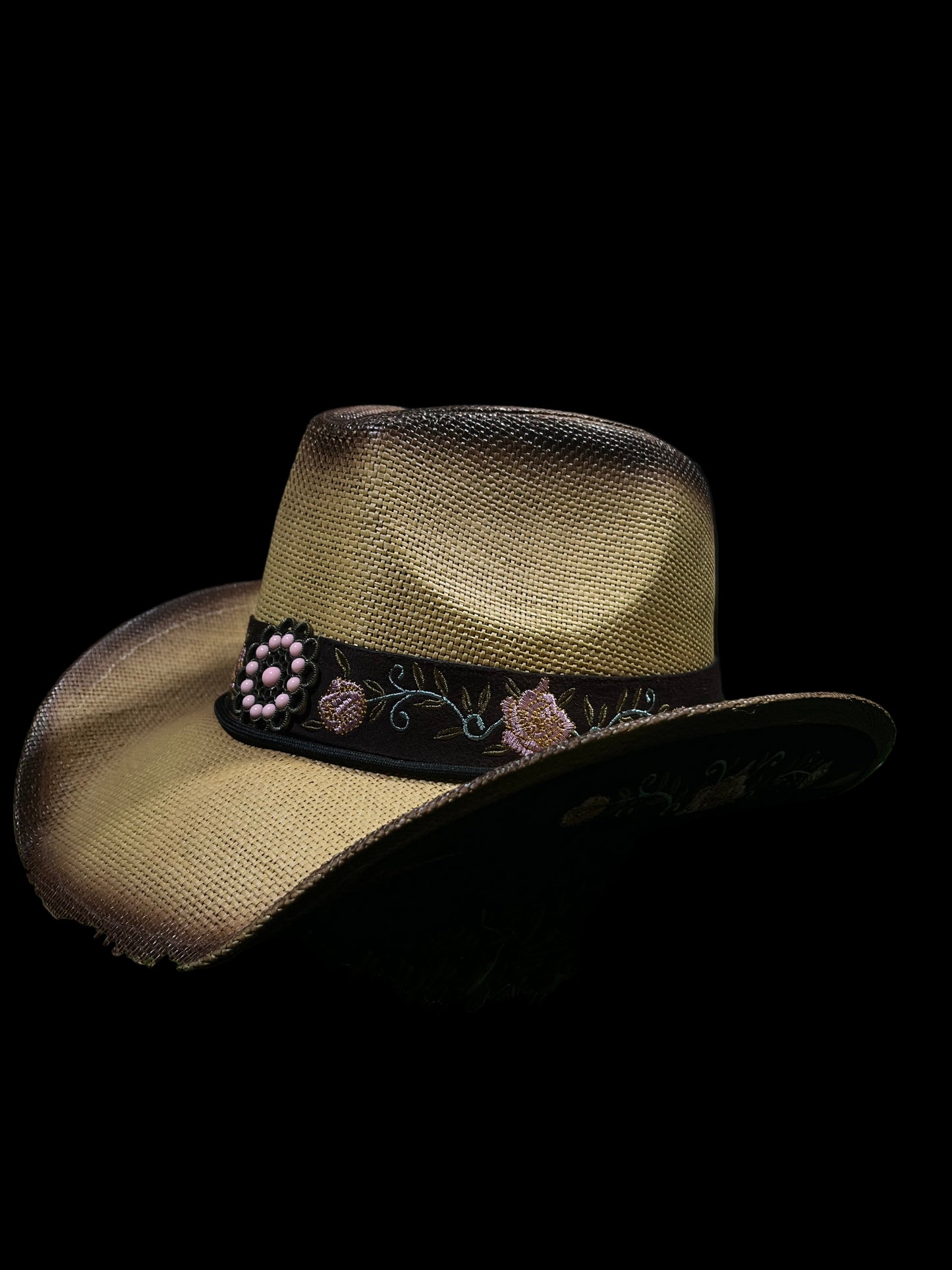 Dark Rose Western Cowgirl Hat Pink Flower Straw Western Women’s CowboyVintage Wide Brimmed dark brown Hat