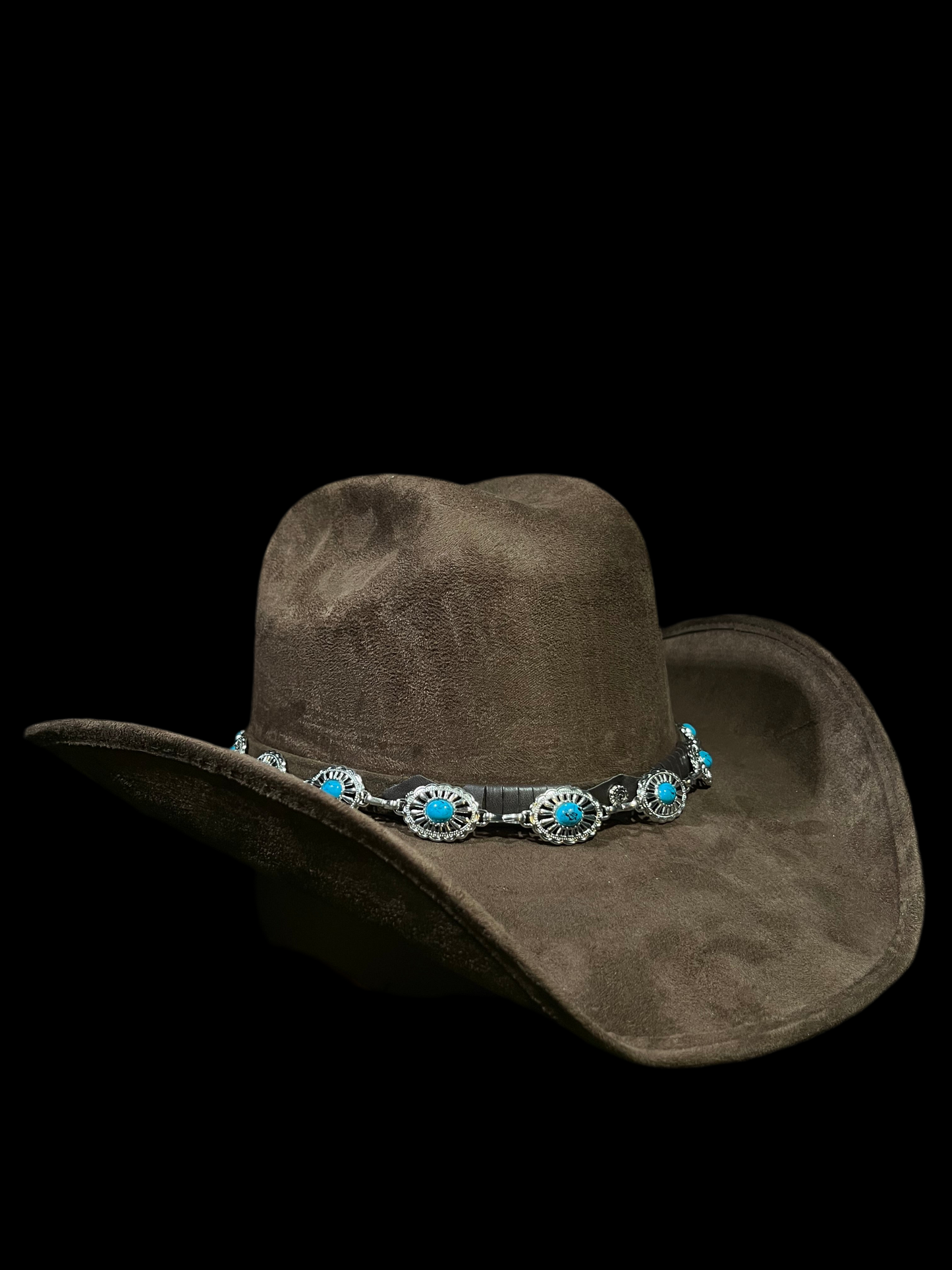 Brown Suede Cowgirl Hat with Embellished Blue Turquoise Silver Band