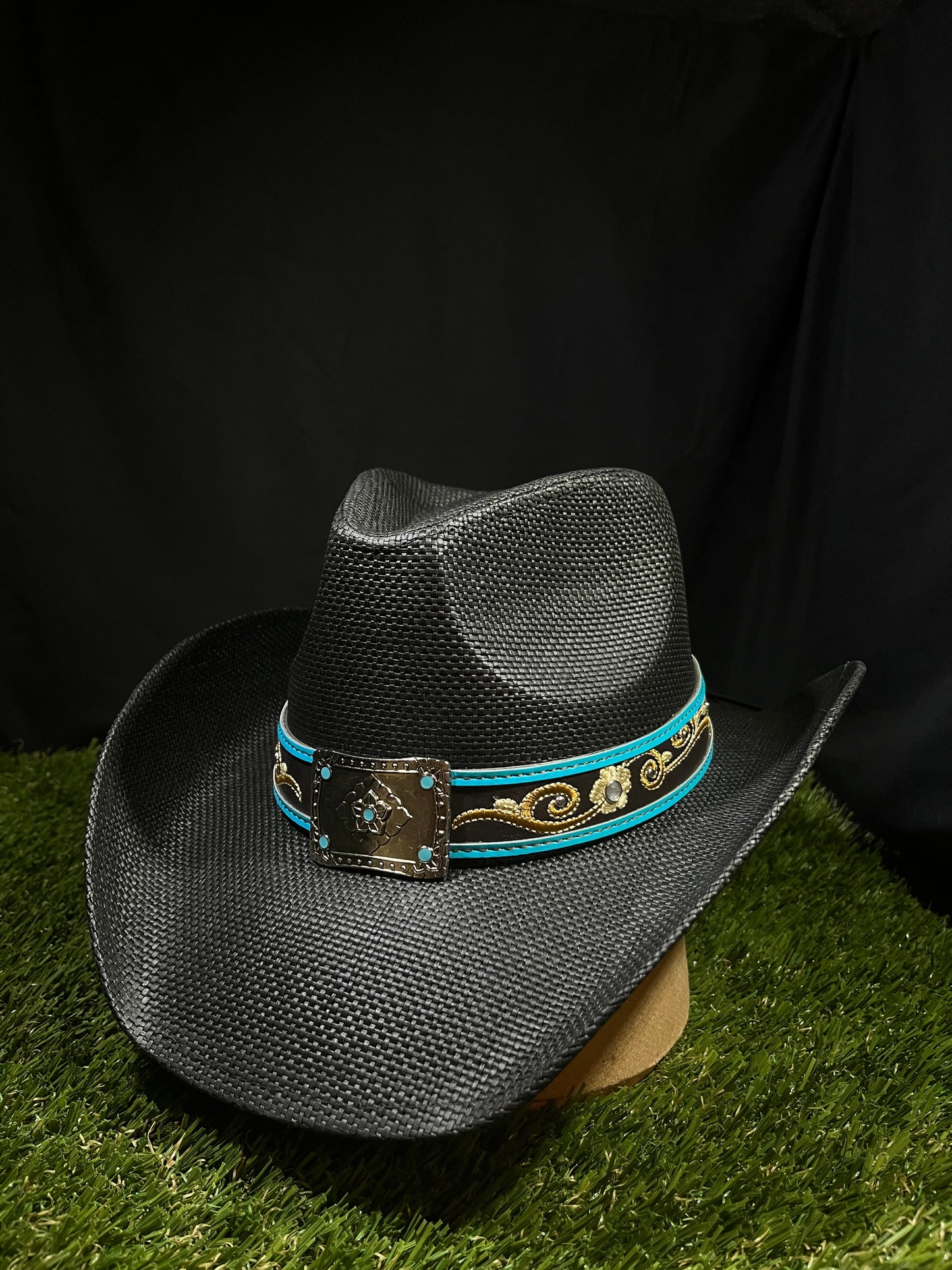 Black Turquoise Regal Buckle Western Cowboy Hat – Embroidered Band Correa Hats