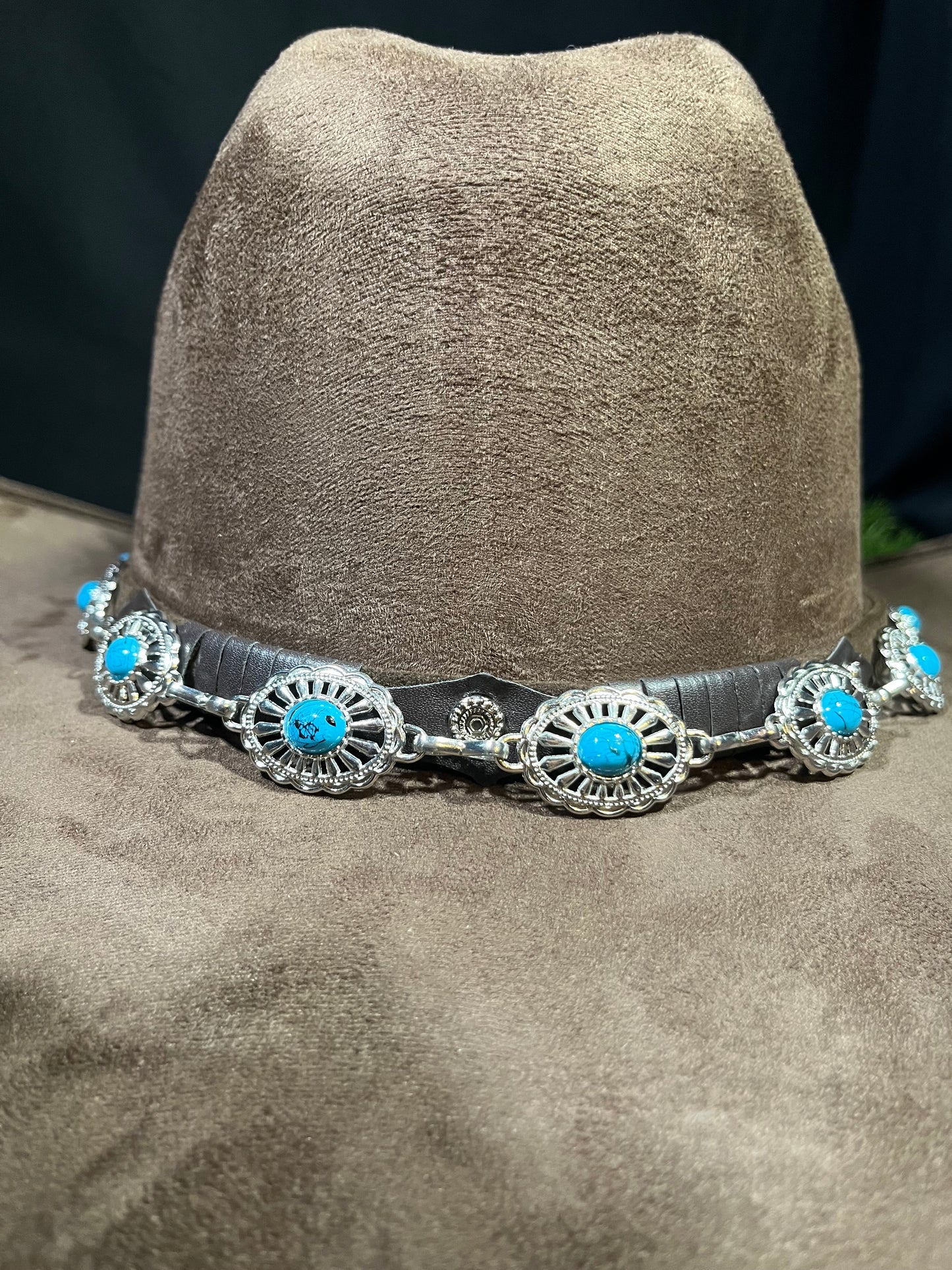 Brown Suede Cowgirl Hat with Embellished Blue Turquoise Silver Band
