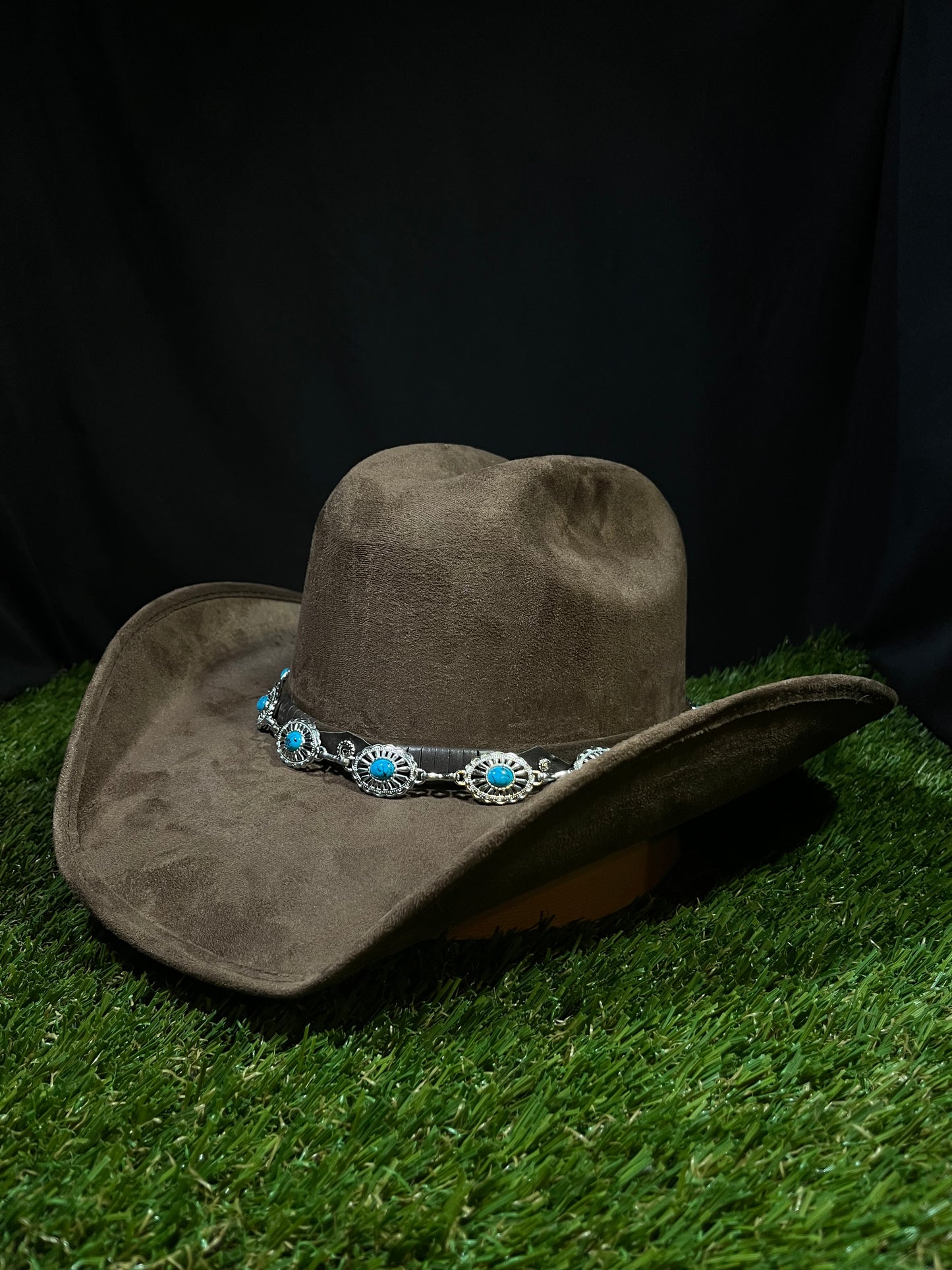 Brown Suede Cowgirl Hat with Embellished Blue Turquoise Silver Band