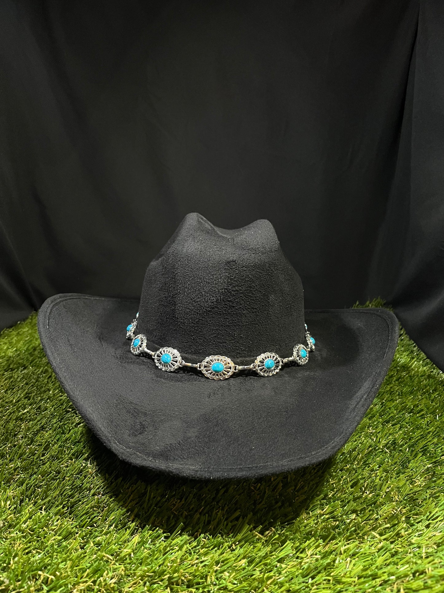 Black Suede Cowgirl with turquoise blue stones silver band