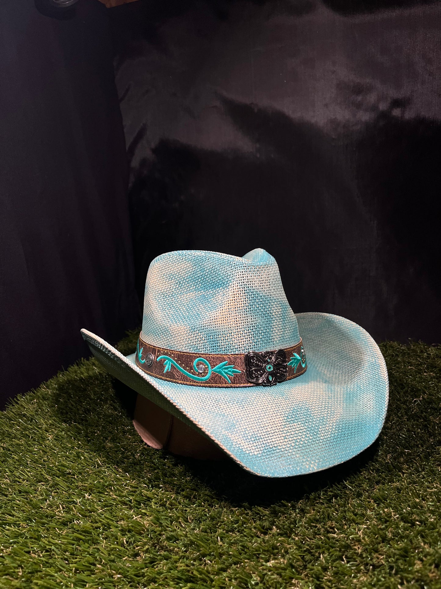 Light Blue Cowgirl Hat Rustic Metallic Evil Eye Protection Butterfly