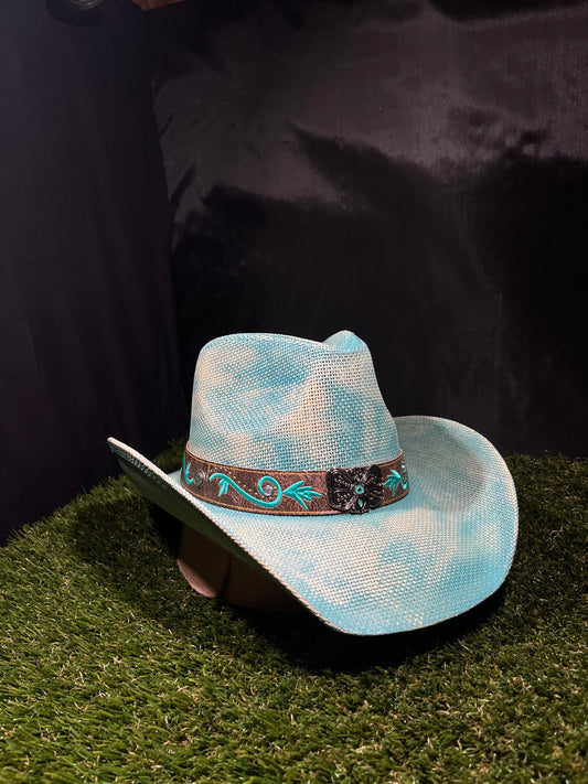 Light Blue Cowgirl Hat Rustic Metallic Evil Eye Protection Butterfly