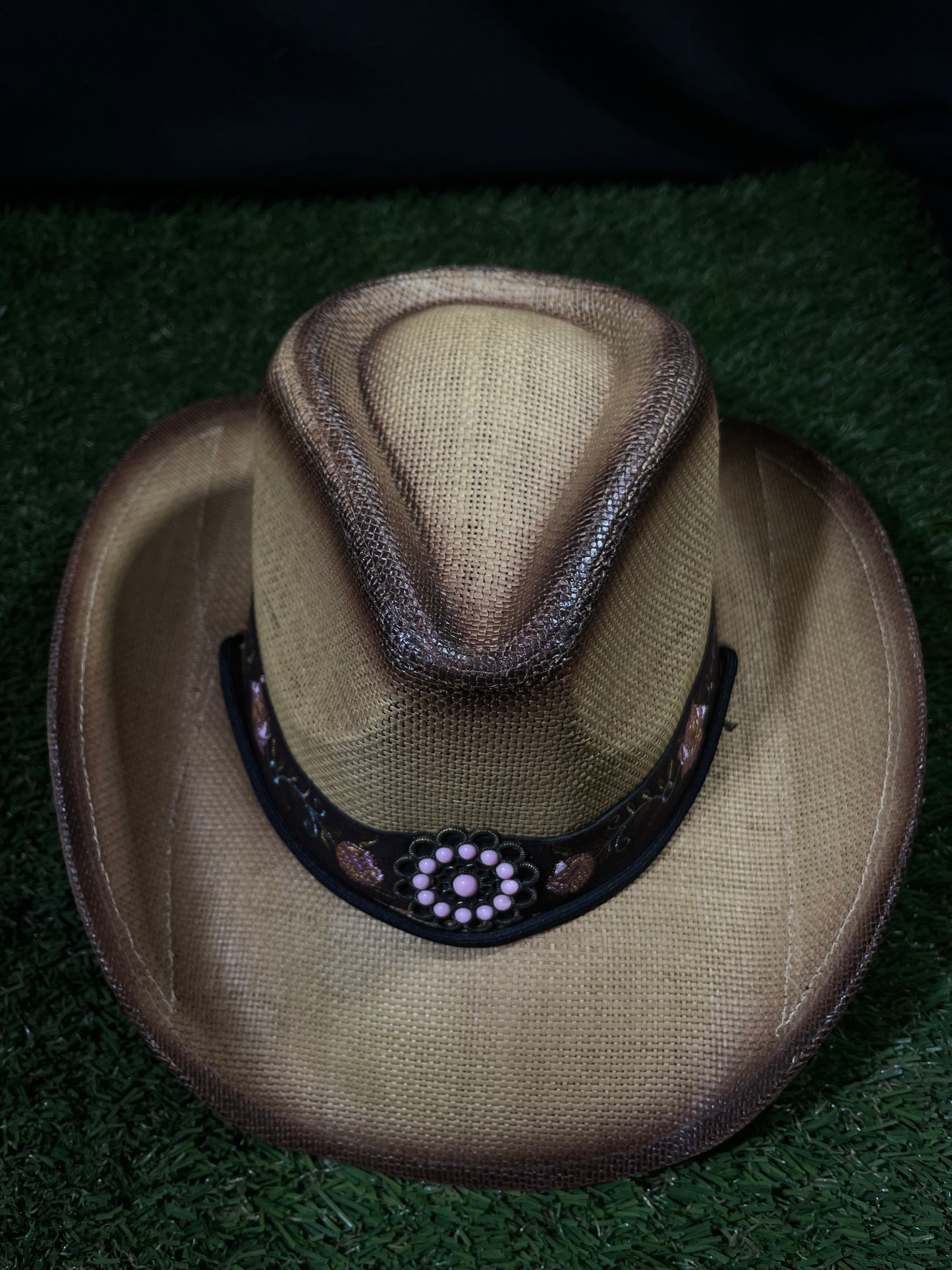 Dark Rose Western Cowgirl Hat Pink Flower Straw Western Women’s CowboyVintage Wide Brimmed dark brown Hat