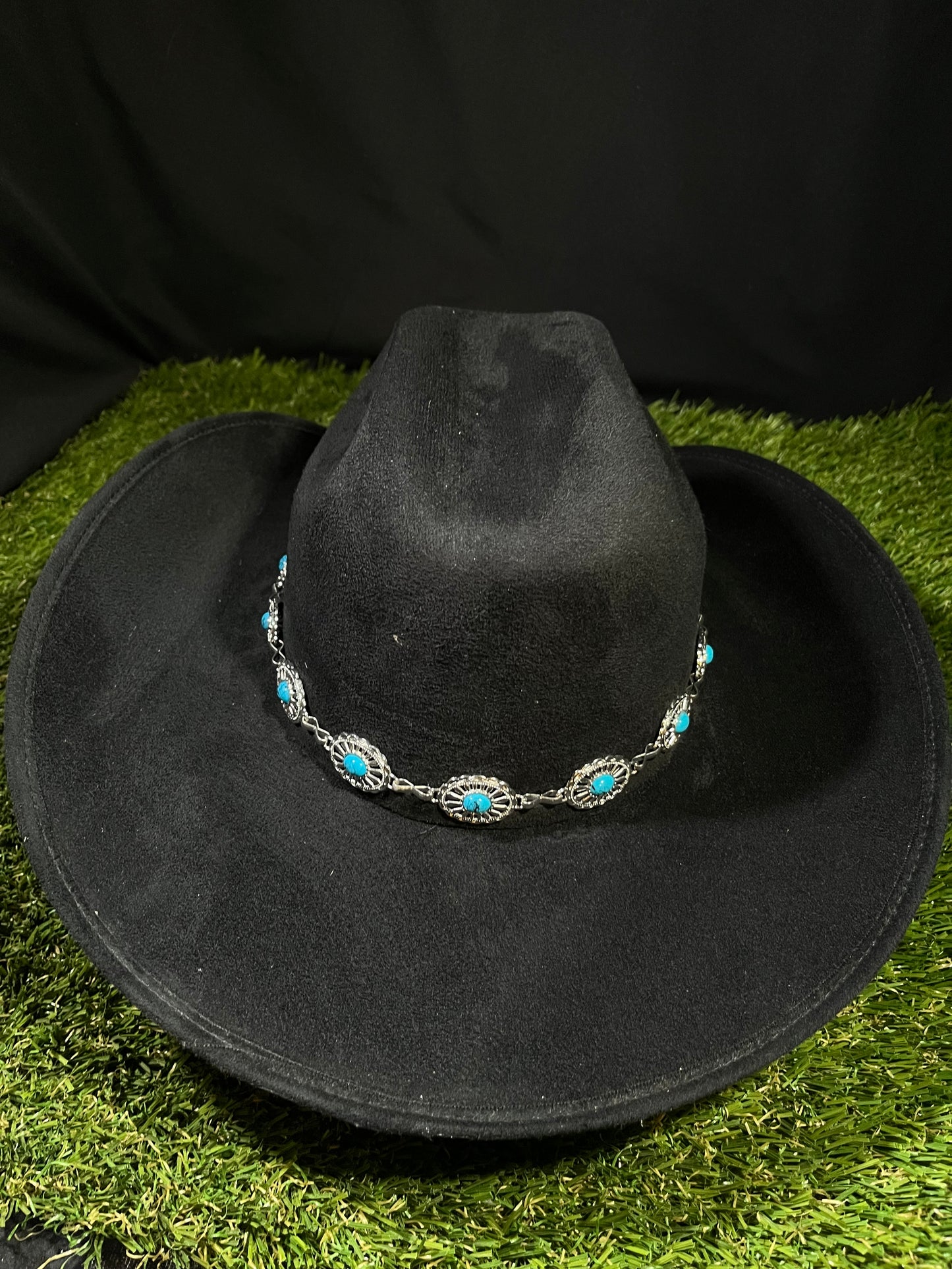 Black Suede Cowgirl with turquoise blue stones silver band