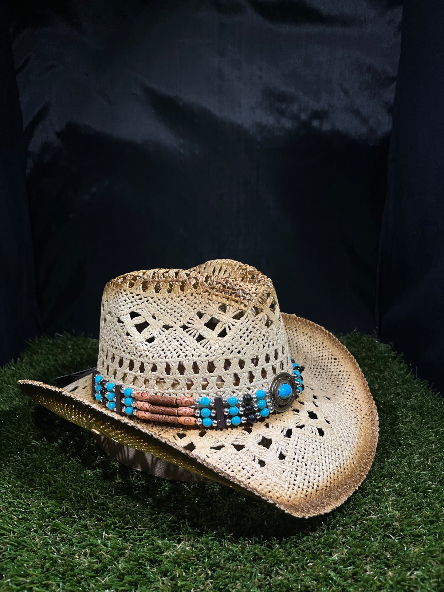 Light Brown Straw Cowboy Cowgirl Hat - Breathable Design with Turquoise Buckle and Beaded Band