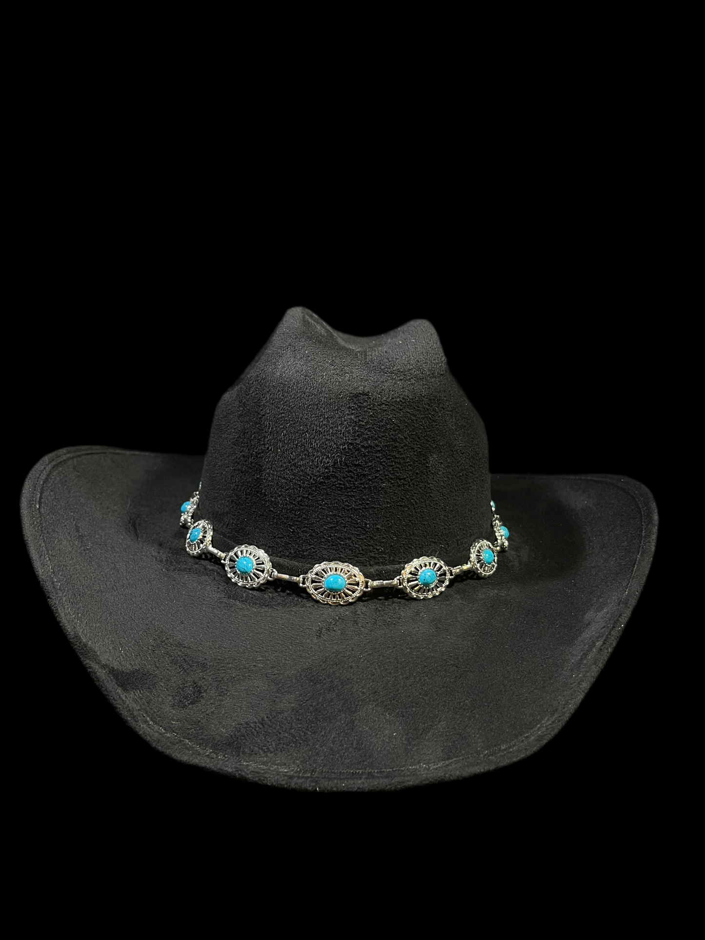 Black Suede Cowgirl with turquoise blue stones silver band