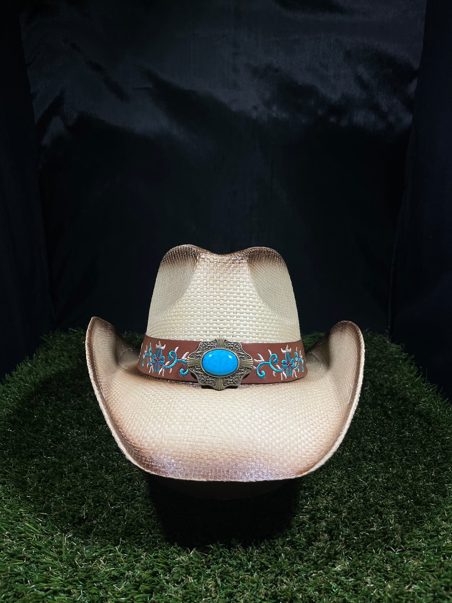 Light Brown Drifter with Blue medallion Stone Brown Belt Band Cowboy Hat