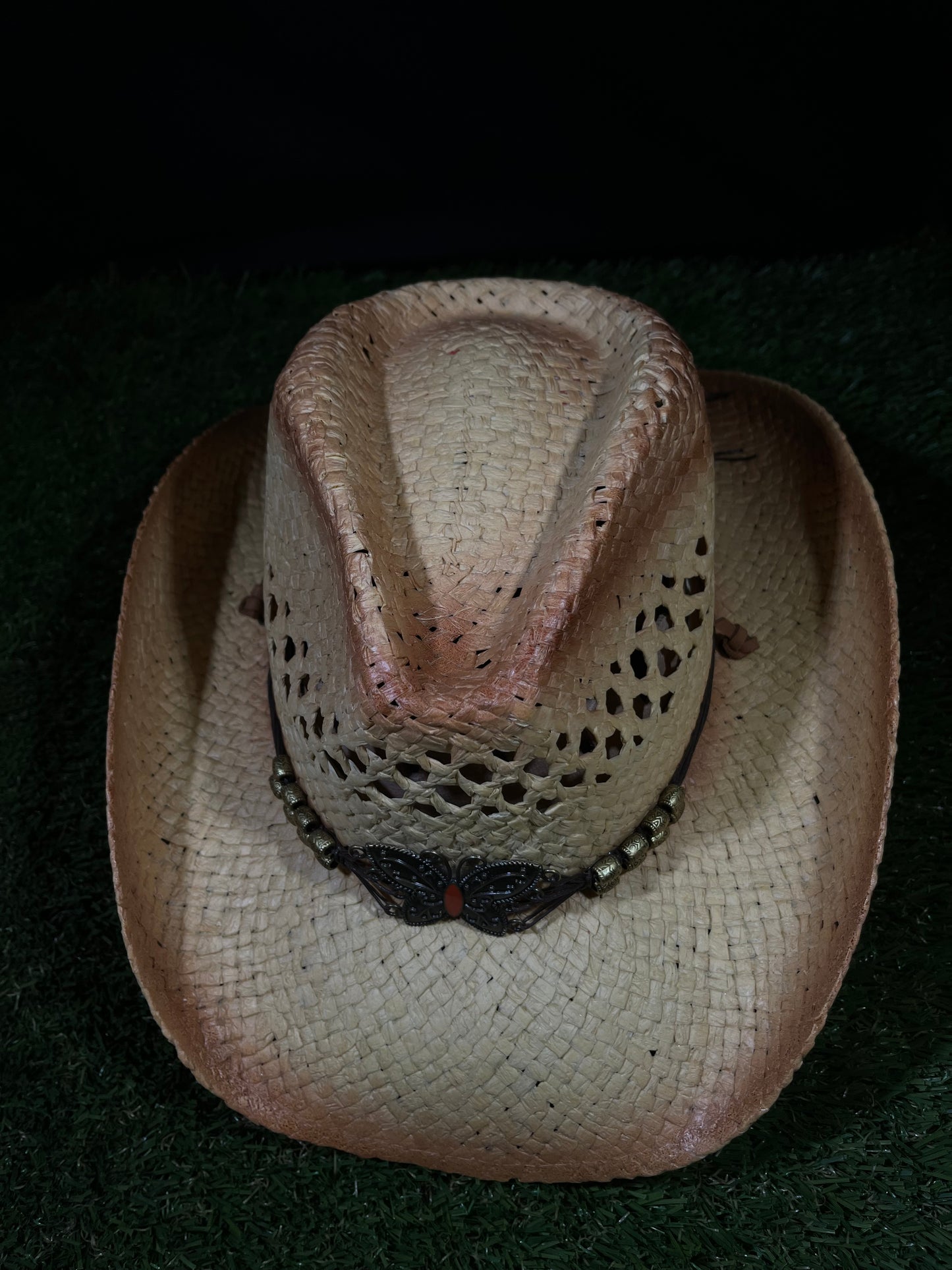 Natural Ventilated Straw Cowboy/Cowgirl Hat with Chrome Butterfly Band – Bendable Brim | Correa Hats