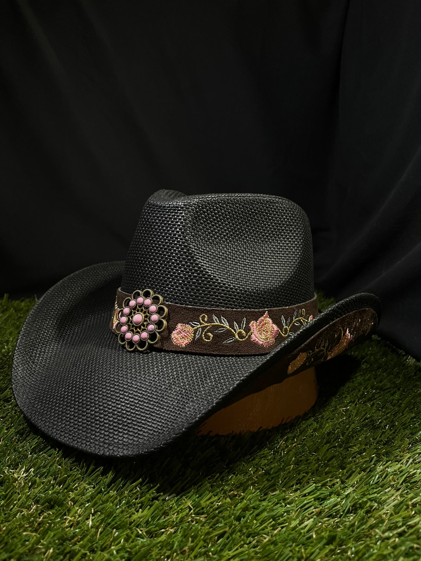 🖤 Black Bangora Western Premium bendable brim Cowboy/Cowgirl Hat with Pink Floral Band – Correa Hats