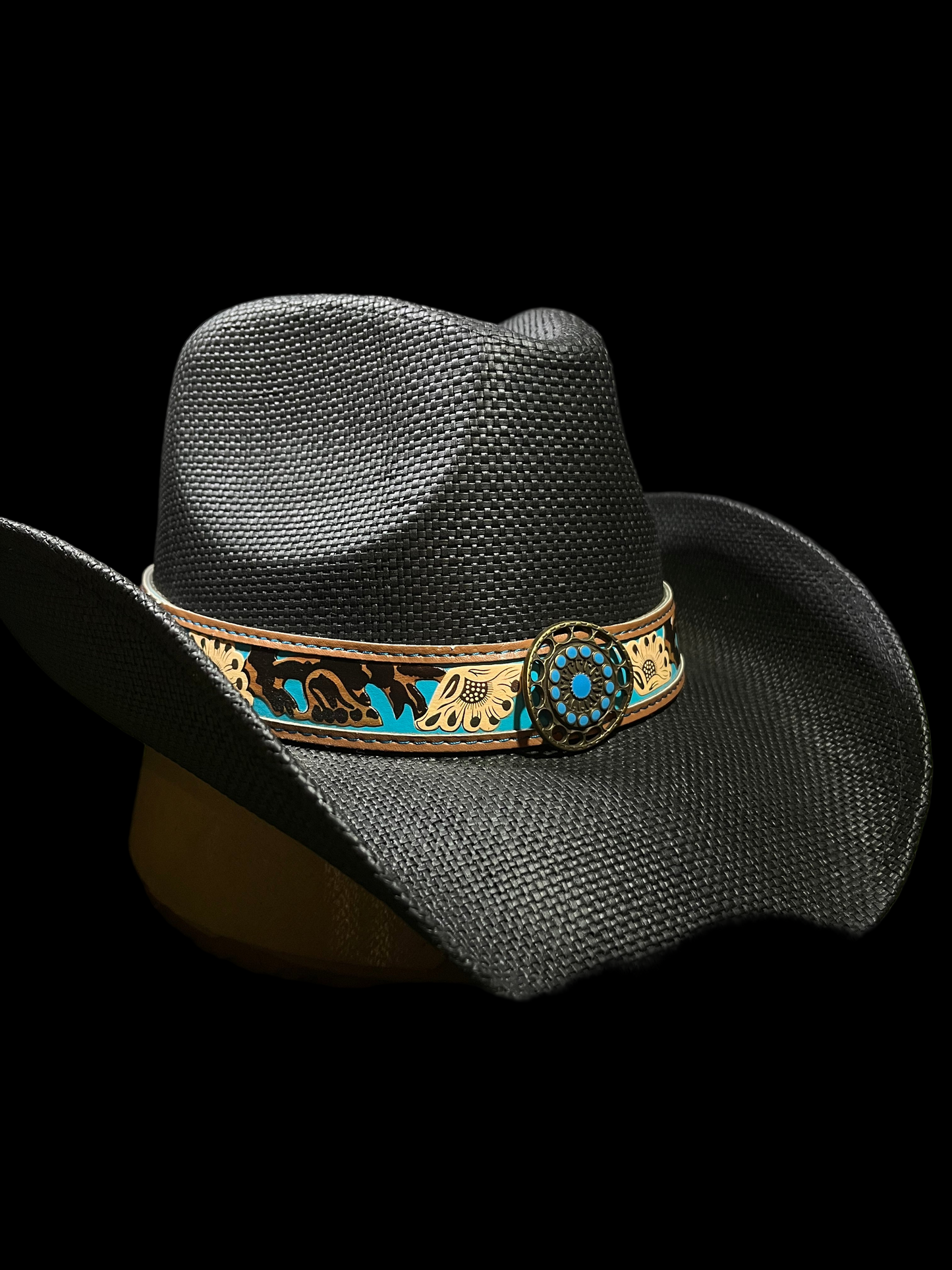 Black Bangora Cowboy/Cowgirl Hat with Turquoise Floral Band – Correa Hats
