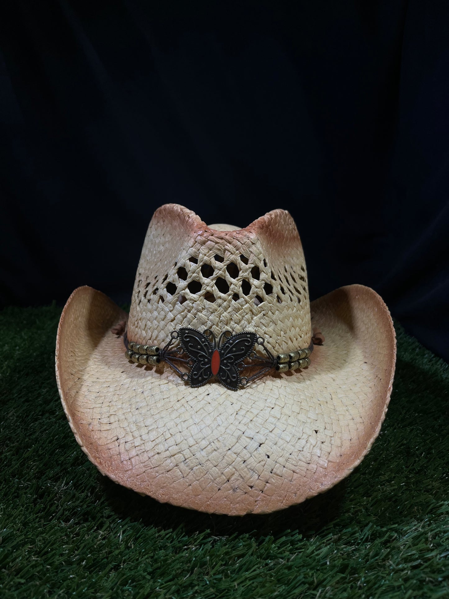 Natural Ventilated Straw Cowboy/Cowgirl Hat with Chrome Butterfly Band – Bendable Brim | Correa Hats