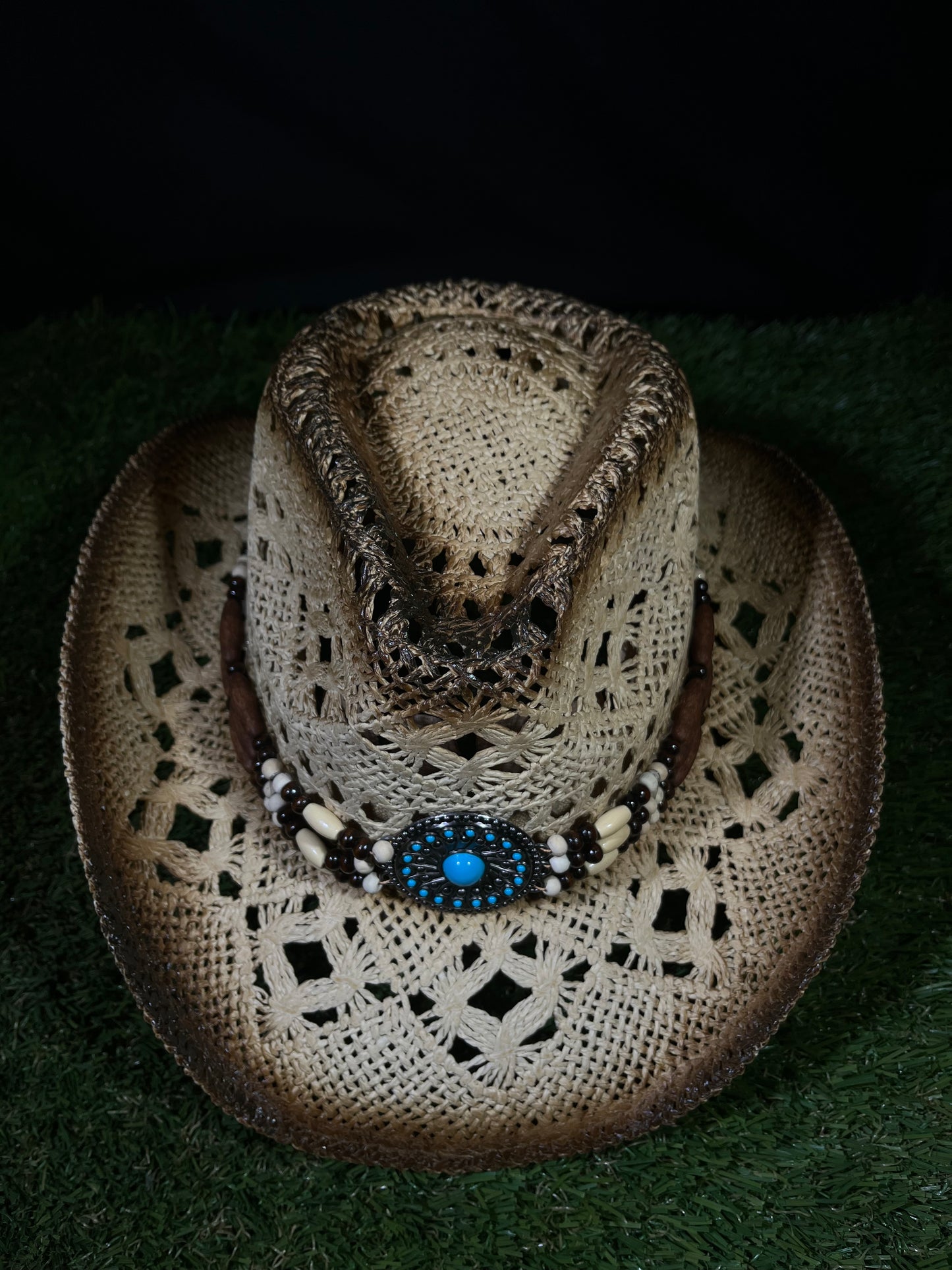 Light Brown Medallion Straw Cowboy Cowgirl Hat Turquoise Buckle & Beaded Band | Breathable Western Style